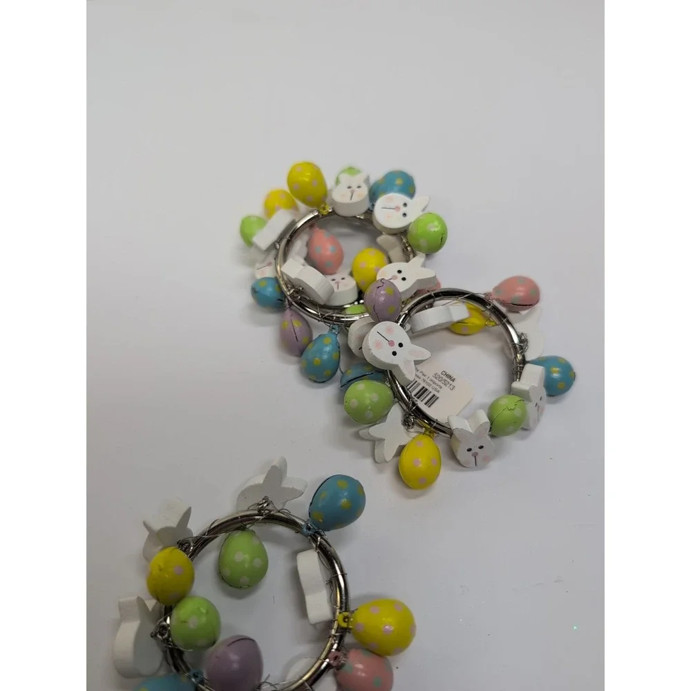 Pier 1 Easter Napkin Rings Wood & Metal  Bunnies Ducks‎ Eggs Set Of 4 Retired